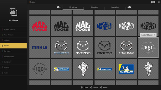 6. Scroll to the bottom of the screen and select the [Mazda 100th Anniversary] logo decal. You may use either the black or white versions.
