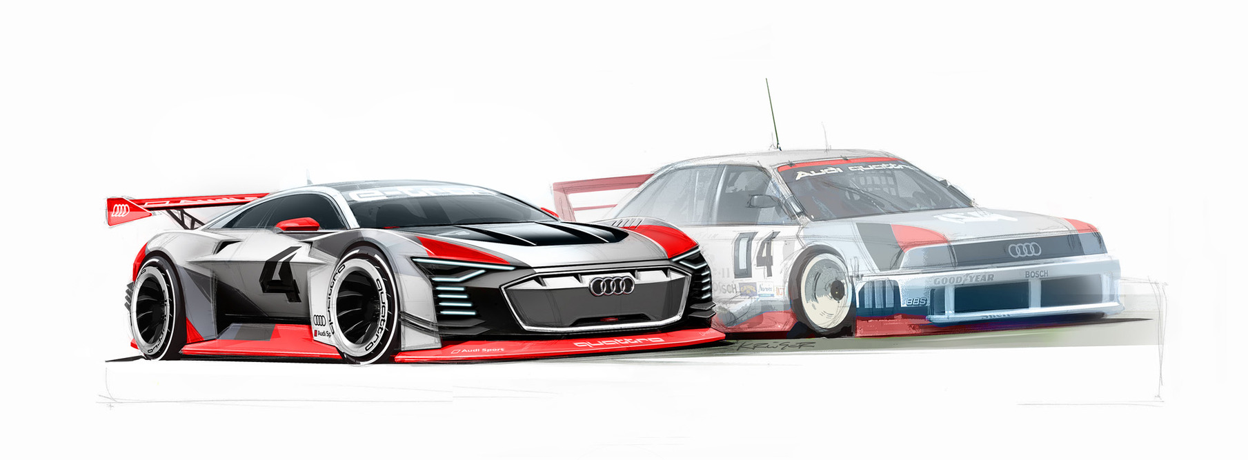 Skizzen des „Audi Vision Gran Turismo“ neben dem Kultwagen Audi 90 IMSA GTO aus der nordamerikanischen IMSA-Serie von 1989.