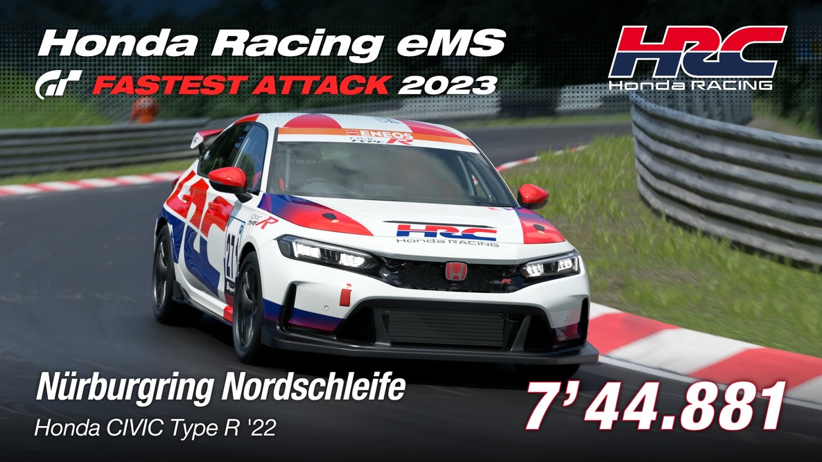 The Challenge Class qualifying time of ‘7 minutes 44.881 seconds' is the real-life lap record as of April 2023 (source: Honda) for a front-wheel drive car at Nürburgring Nordschleife in Germany. It was set in April 2023 during testing for the Civic Type R (FL5)