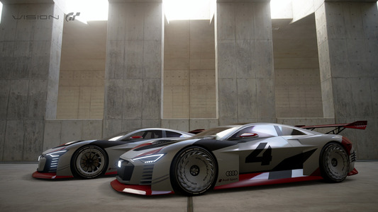 De Audi Vision Gran Turismo (voor) en de Audi e-tron Vision Gran Turismo (achter).